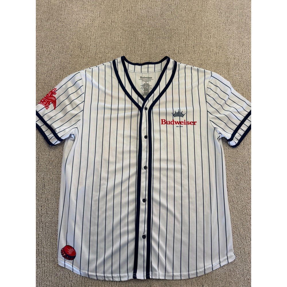 Budweiser Baseball Jersey Mens XL White Navy Pinstripe 76 Logo B2P014AMNWT